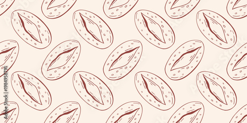 Seamless pattern with baguette bread and crust details, brown outline doodle flat retro style. Minimalist hand drawn vector for bakery packaging, wrapping paper, food design, beige background.