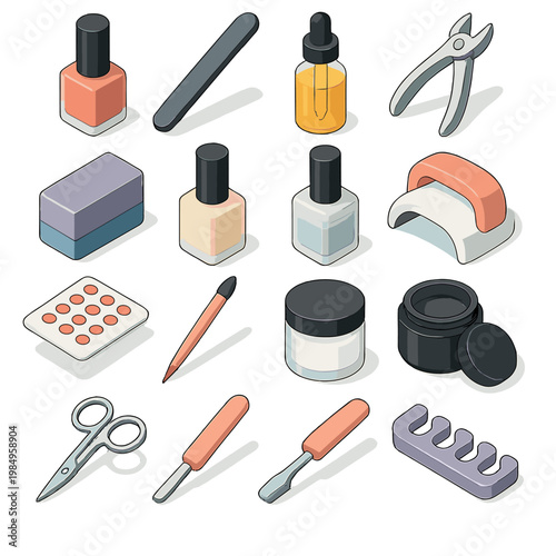 Collection of isometric manicure and pedicure tools and nail polish bottles