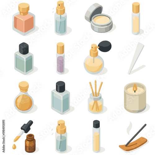 Collection of isometric beauty and fragrance products including perfume bottles and candles