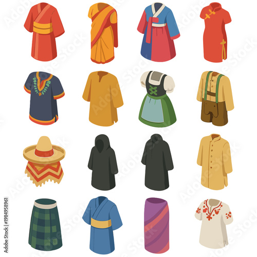 Collection of traditional clothing from around the world, diverse cultural attire