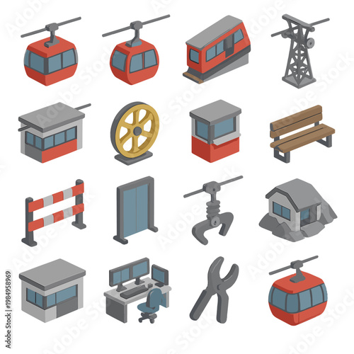 Set of isometric cable car and ski resort elements in a clean, modern style