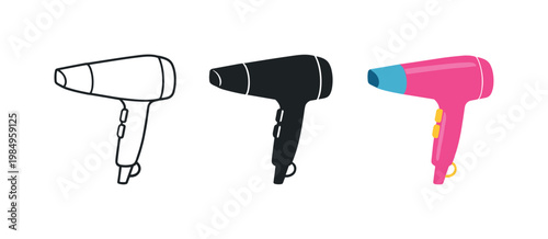 Home styling scene conveyed by identical hair dryers standing in a row, equal nozzle angles and handle proportions fully visible