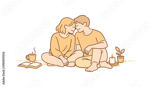 Lovers enjoying daily life in a peaceful evening setting, sitting on the floor and leaning gently toward each other, minimalist