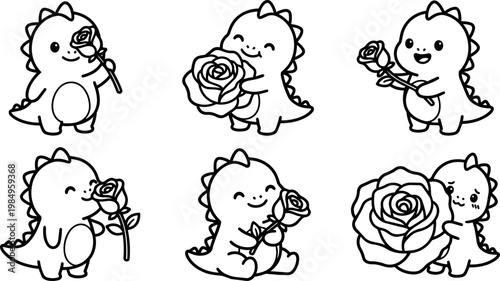 Cute cartoon dinosaur holding and smelling roses black and white vector art