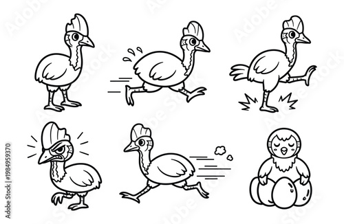 Funny Cartoon Cassowary and Flightless Bird Character Set in Various Poses, Hand Drawn Outline Doodle Style