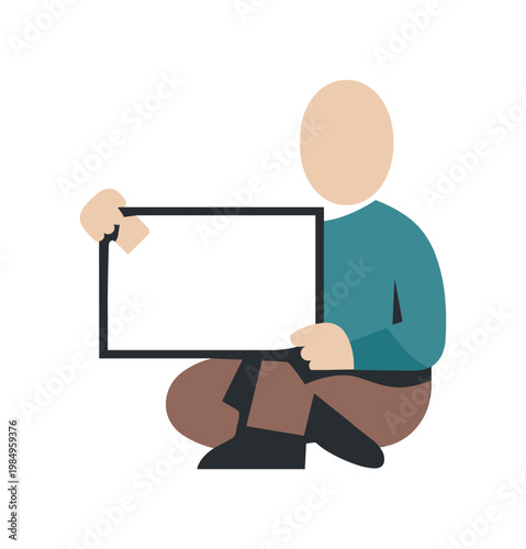Human figure holding a simple framing guide to test structure without forcing rigidity. Stylized editorial character illustration