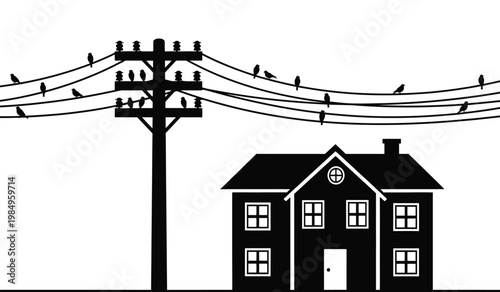 A stark black and white depiction shows birds perched on power lines above a quaint house creating a minimalist silhouette high quality professional detailed
