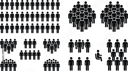 People icons and crowd silhouettes collection showing groups, teams, and individuals in various arrangements isolated on white background for infographic design use