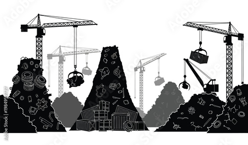 A stark black silhouette depicts a landscape of industrial waste construction and demolition featuring cranes and debris piles silhouette high quality professional detailed modern