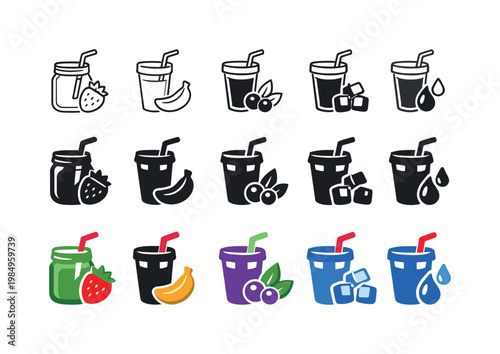 Icon object one representing the first smoothie drink element, icon object two representing the second, icon object three