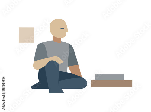 Geometric Calm Control. Human figure pausing as relationships between layers become more readable, sensing calm control emerging.