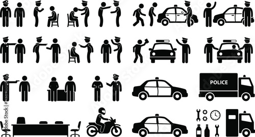 Police and law enforcement icons collection featuring officers, patrol cars, traffic control, arrest scenes, and security symbols isolated on white background
