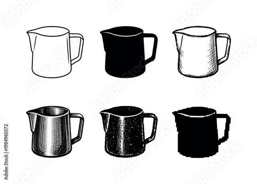 Stainless steel milk frothing pitcher with spout used to steam and pour textured milk for coffee drinks  Create ONE image