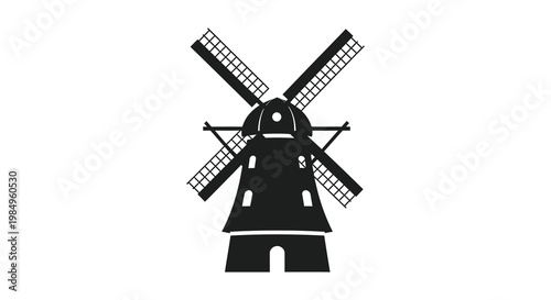 A striking black silhouette of a traditional windmill against a white backdrop