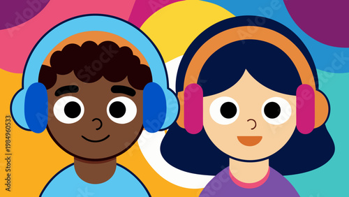 Two cartoon characters wearing headphones and smiling brightly