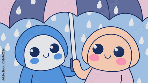 Two cartoon characters holding umbrellas in a playful, rainy setting