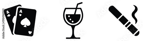 gambling concept with playing cards ace spade wine glass and smoking cigar flat icon set