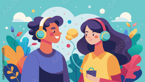 Couple wearing virtual reality headsets exploring digital world together