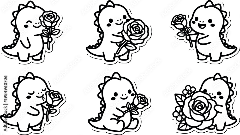 Fototapeta premium Cute black and white dinosaur holding and smelling rose flower illustration set