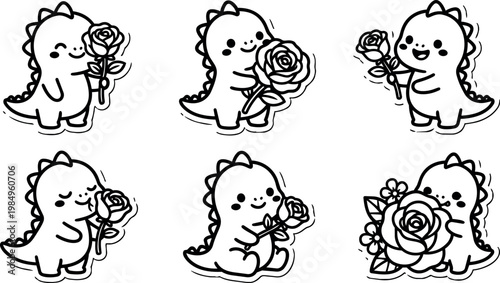 Cute black and white dinosaur holding and smelling rose flower illustration set