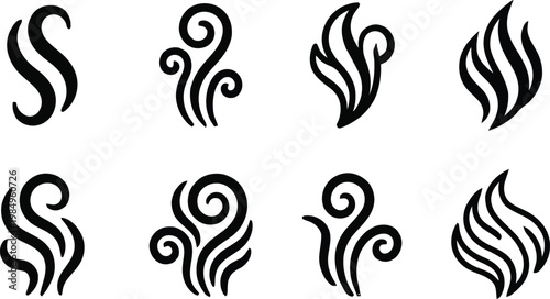 Abstract black steam and smoke swirl icons set. Heat wave decorative design elements
