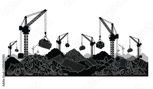 A striking black and white illustration depicts a cityscape of construction cranes over a chaotic landscape of debris rendered as a silhouette high quality