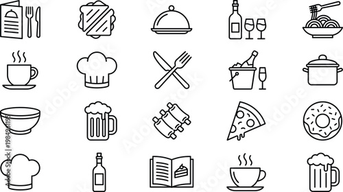 Restaurant and food line icon set with kitchen utensils, drinks, desserts, menu symbols, hospitality dining vector illustration isolated on light background