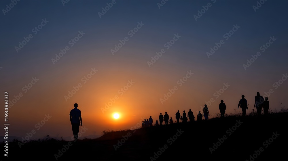 Fototapeta premium A group of people stands in silhouette on a high hill overlooking the vast landscape at sunrise or sunset