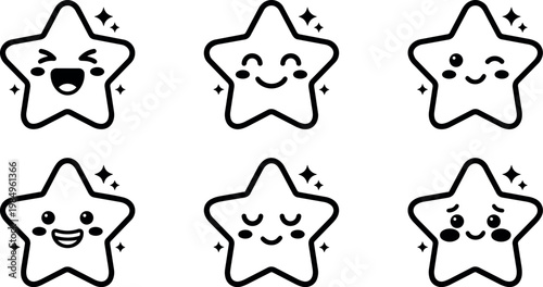 Black and white cute star faces with various happy and shy expressions vector art