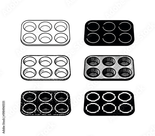 Individual cup compartments of a muffin tray designed to hold batter and shape baked muffins  Create ONE image containing