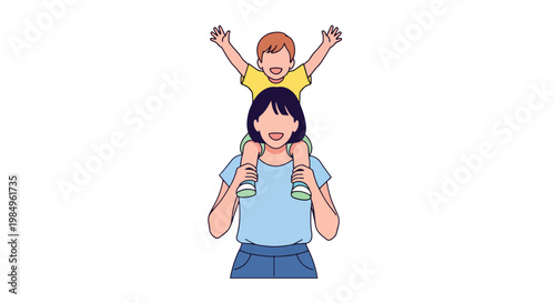 Mother carrying happy son on shoulders, family fun, joyous childhood, parental care, piggyback ride