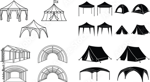 Tent and canopy silhouettes collection featuring camping tents, event shelters, gazebos, and outdoor structures isolated on white background for recreation and event design