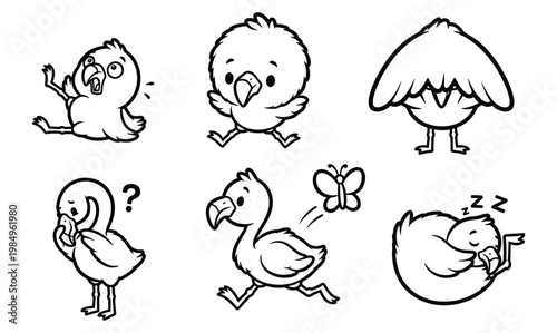 Cute Cartoon Dodo and Exotic Flightless Bird Character Set in Playful Poses, Hand Drawn Outline Doodle Style