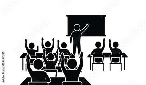 A classroom scene depicts a teacher lecturing to students with raised hands all represented as a flat black silhouette high quality professional detailed modern