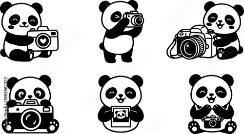 Black and white cute panda holding and using various cameras vector art set