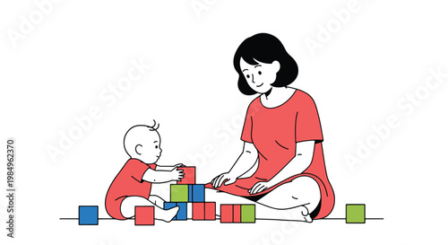 Young mother playing with baby toddler using colorful building blocks on floor