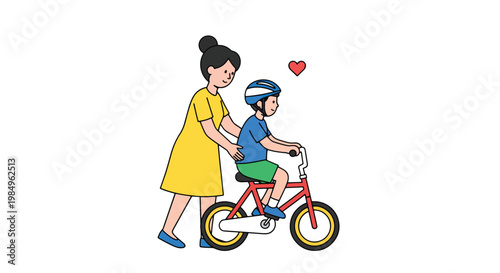 Mother teaching child to ride bicycle with love and care motherly support encouraging childhood activity new skill learning