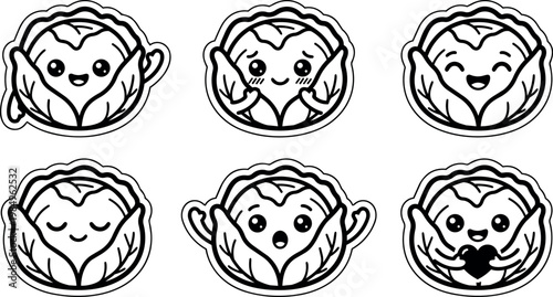 Cute kawaii cabbage faces with varied happy expressions line art vector