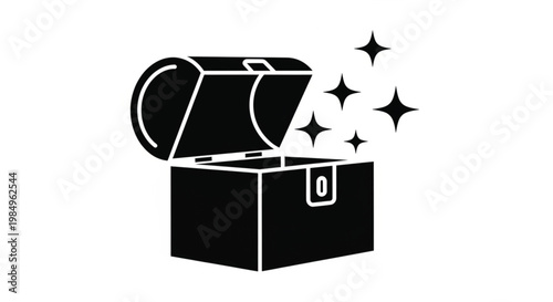 Magic, treasure chest icon, sparkling stars, black and white vector