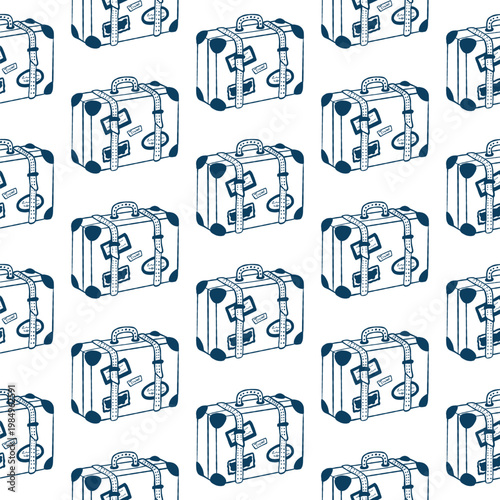 Vintage travel suitcase with stickers seamless pattern. Vector baggage and luggage background.