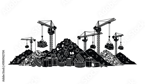 A stark black and white illustration depicts a landscape of scrap metal and construction debris dominated by several towering cranes a silhouette high quality