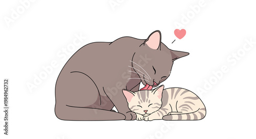 Cute mother cat licks kitten tenderly loving care shown with heart symbol adorable animal family moment
