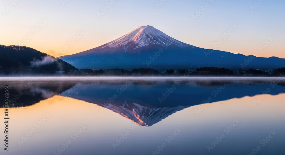 Fototapeta premium Majestic mountain reflected in calm water under clear sky at sunset
