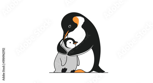 Black and orange penguin mother holding and cuddling her cute gray baby penguin chick
