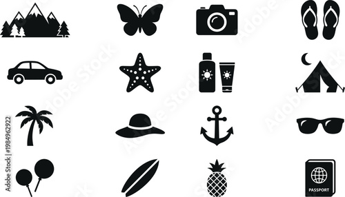 Travel and vacation icons collection featuring beach, camping, camera, car, passport, and summer elements isolated on white background for tourism design