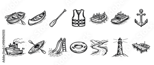 Collection of hand-drawn nautical and water recreation icons including boats, a lighthouse, anchor, life vest, and water slide, rendered in a detailed sketch style