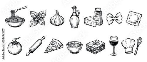 Collection of hand-drawn Italian food ingredients and cooking tools, including pasta, basil, garlic, olive oil, cheese, pizza, lasagna, and chef accessories, rendered in a vintage sketch style
