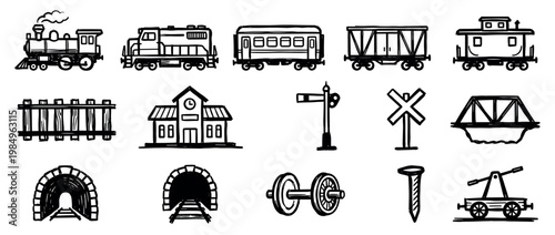 Collection of hand-drawn railway icons, including locomotives, cars, tracks, stations, and signals, rendered in a charming doodle style with bold black lines
