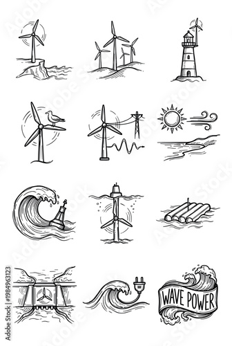 Collection of hand-drawn renewable energy icons depicting various wind and water power generation methods in a doodle sketch style