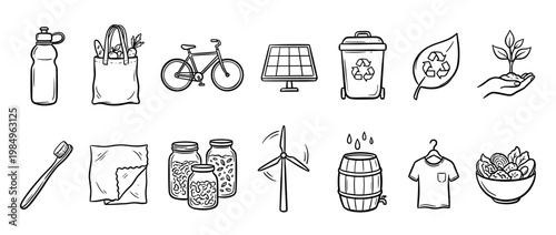 Collection of hand-drawn eco-friendly sustainability icons illustrating various aspects of green living, including recycling, renewable energy, and conscious consumption, in a simple outline style